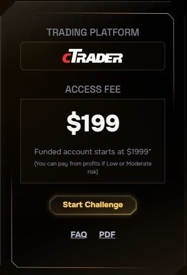 FundedHive公式の料金表示。アクセス料199ドル、合格後の口座は1999ドルから、LowまたはModerateなら利益から支払い可能