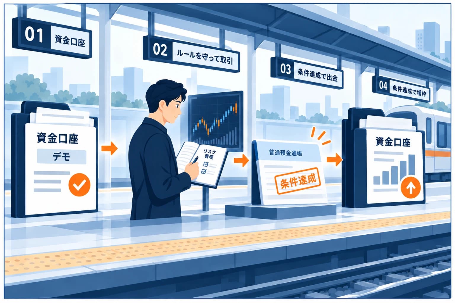 評価合格後の流れの図解：資金口座を得てトレード→利益を出金→資金枠アップ（スケーリング）