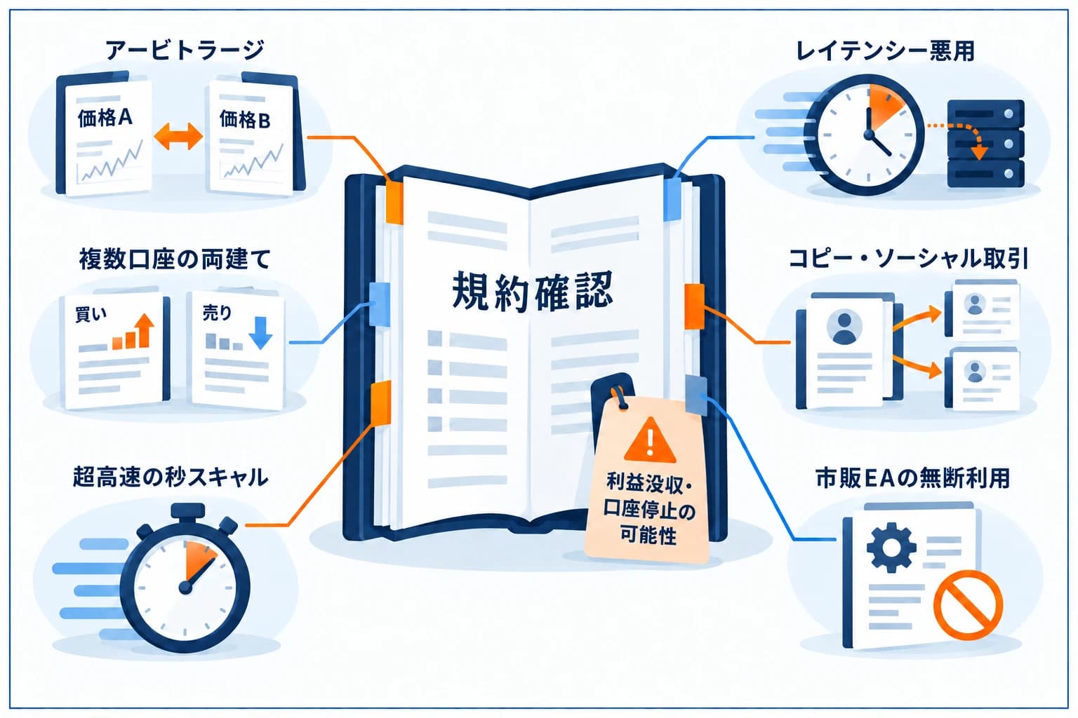 プロップの代表的な禁止行為の図解：アービトラージ・レイテンシー悪用・複数口座の両建て・コピー/ソーシャル取引・超高速の秒スキャル・市販EAの無断利用。該当すると利益没収や口座停止になるため申込前に規約確認を