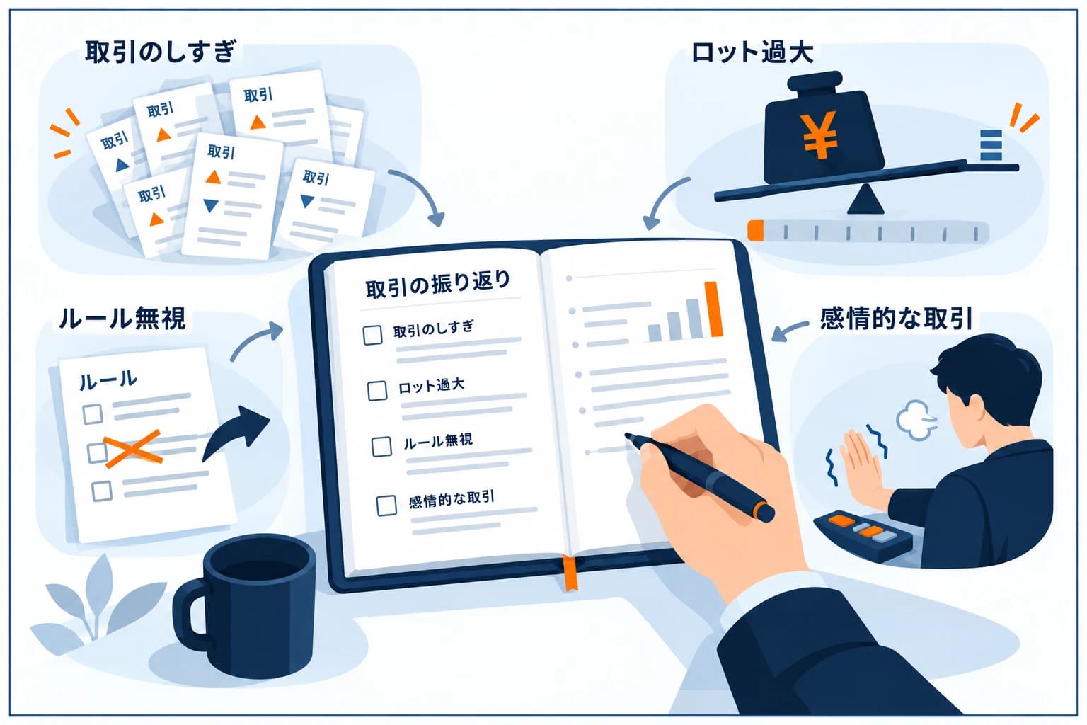 プロップファーム初心者がやりがちな失敗4つの図解：取引のしすぎ・ロット過大・ルール無視・感情的なトレード