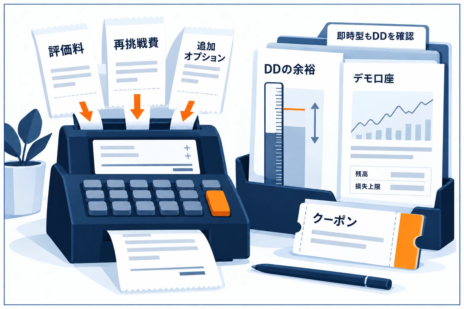 安いプロップファームの選び方の図解：安さは価格だけで選ばず、評価料に対する運用枠（コスパ）で見る。クーポン/セールを活用し、即時型はDDが小さく割安に見えやすい点に注意。総額（再挑戦・追加費）も含めて比較