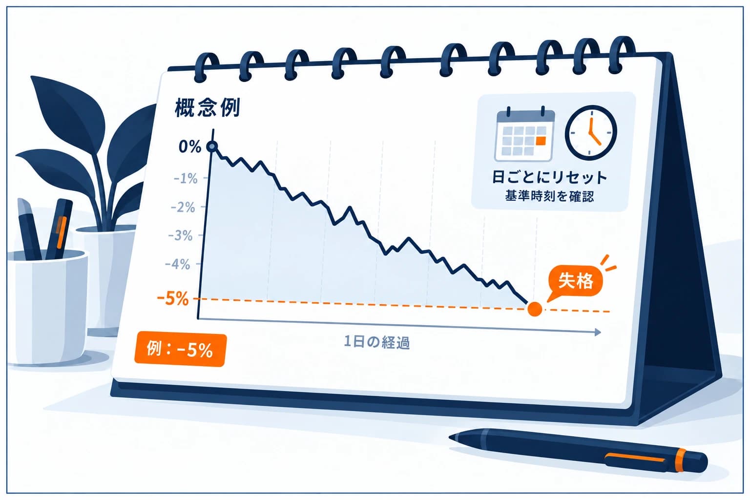 プロップファームの日次（デイリー）ドローダウンの図解：1日の口座残高の動きに対し、日次損失上限（例-5%）の赤いラインに触れると失格。毎日リセットされ、基準時刻に注意。1日で溶かさないための上限
