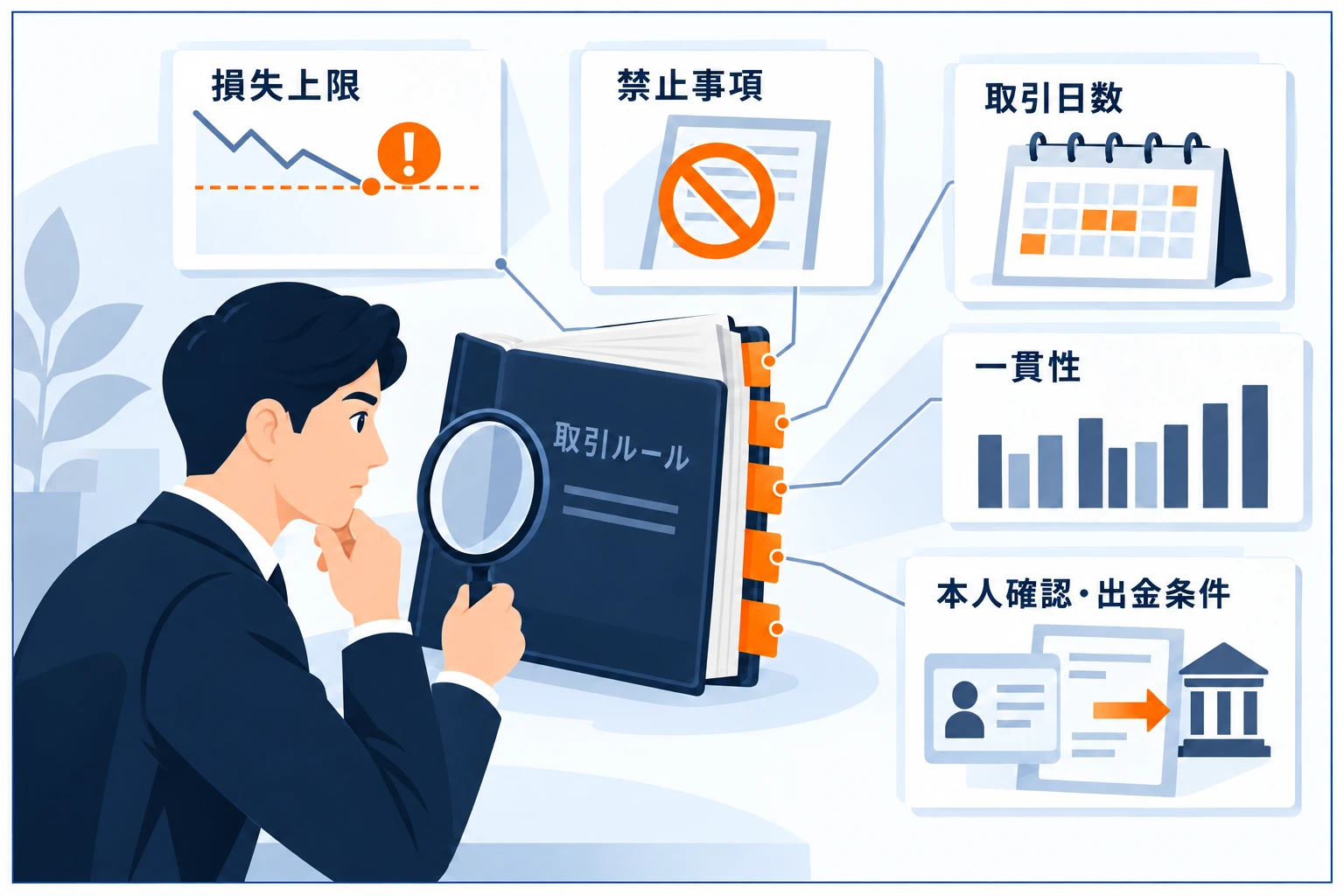 プロップ評価で失格になる主な理由の図解：ドローダウン超過・禁止行為に該当・最低取引日数の未達・一貫性ルール違反・KYC/出金条件の不備。ルールを先に把握すれば防げる