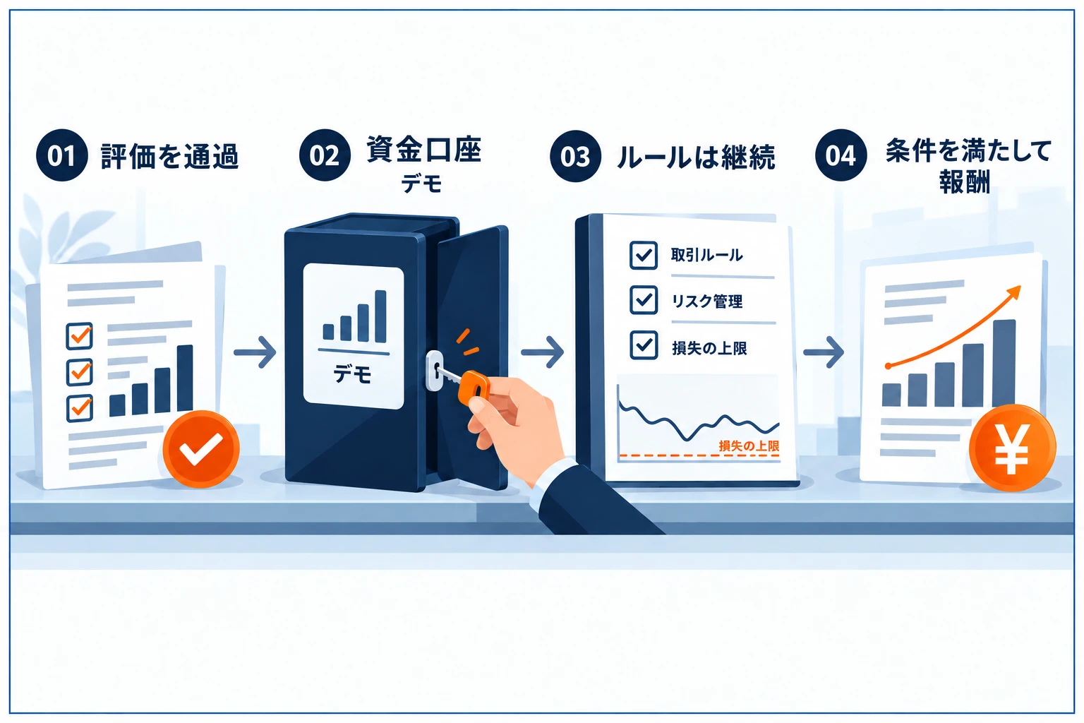 プロップファームの資金口座（ファンデッドアカウント）とは何かの図解：評価合格後に会社の大きな資金枠を任される本番口座で、出した利益の一部が報酬になり、資金口座にもドローダウン等のルールは続く。合格はゴールでなくスタート