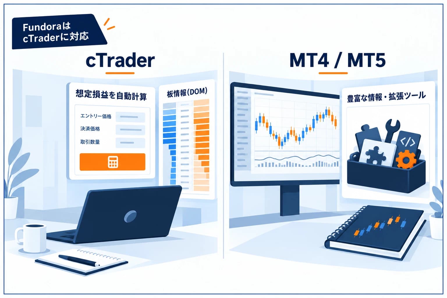 FundoraはcTraderのみ対応：cTrader（損益自動計算・板情報）とMT4/MT5の違いを示す比較図解