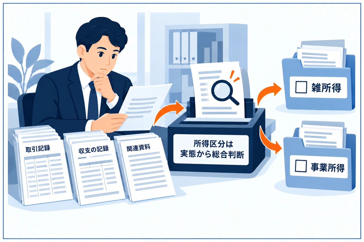 プロップ報酬の所得区分の図解：ひとつの収入が、雑所得（簡易）と事業所得（帳簿づけが必要）の2区分に分かれる