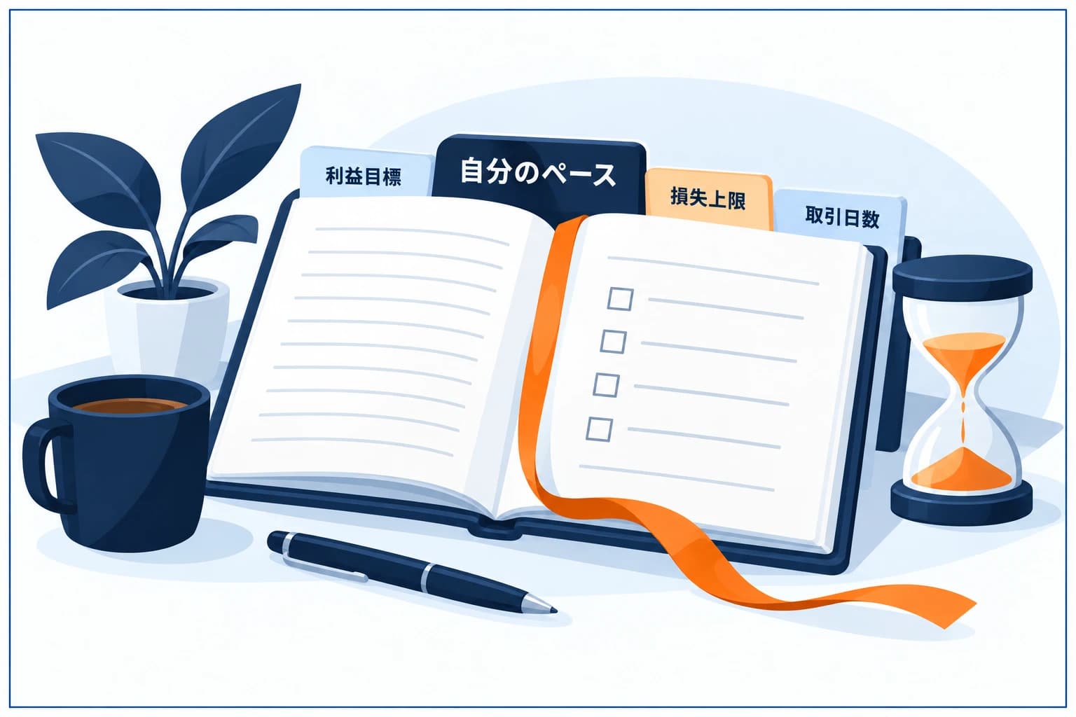 プロップファームの期限なし（無期限）評価の図解：日数制限がなく自分のペースで挑め、焦りによる無理打ちを防げる。ただし最低取引日数などの条件は残る。無期限でもダレずに進める