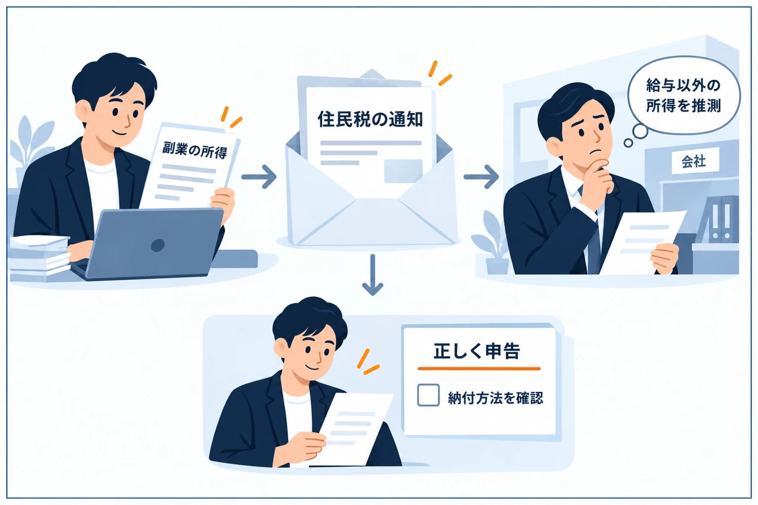 副業でプロップの利益が会社に気づかれる経路と対策を示す図解：副業の所得→住民税が増える→会社に通知が届く、という流れと、対策として住民税を普通徴収で自分で納付し利益を正しく申告すること
