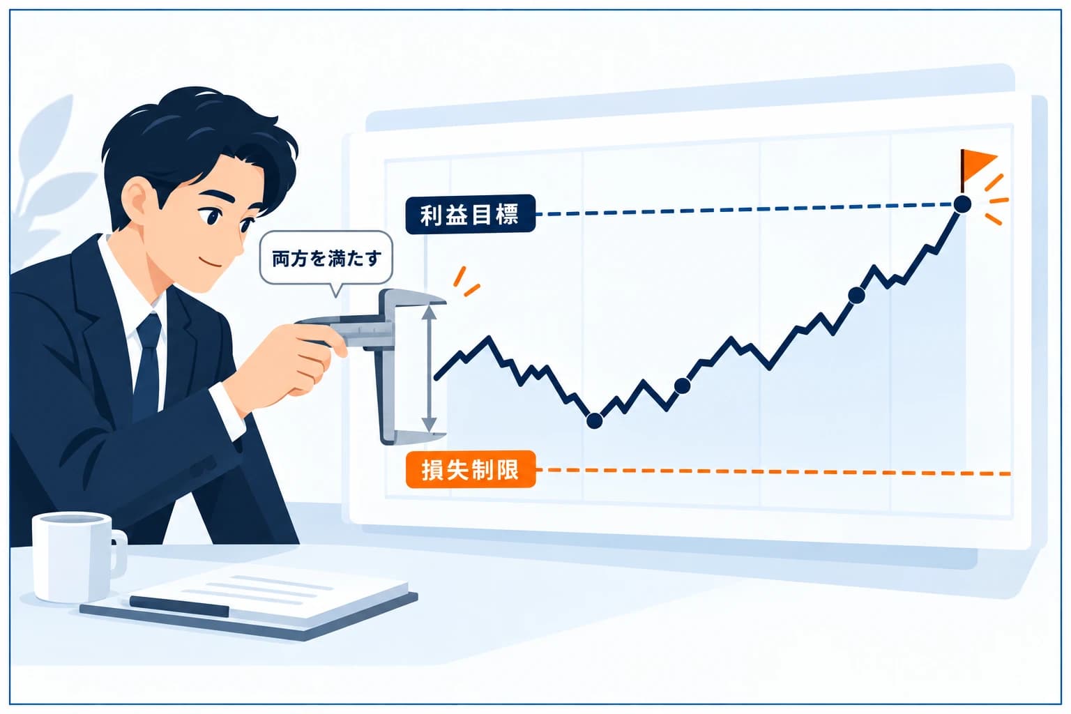 評価チャレンジの攻めと守りの図解：上の利益目標（攻め・ゴール旗）へ口座残高を伸ばしつつ、下のドローダウン（守り・崖）に触れないよう進む綱渡りのイメージ