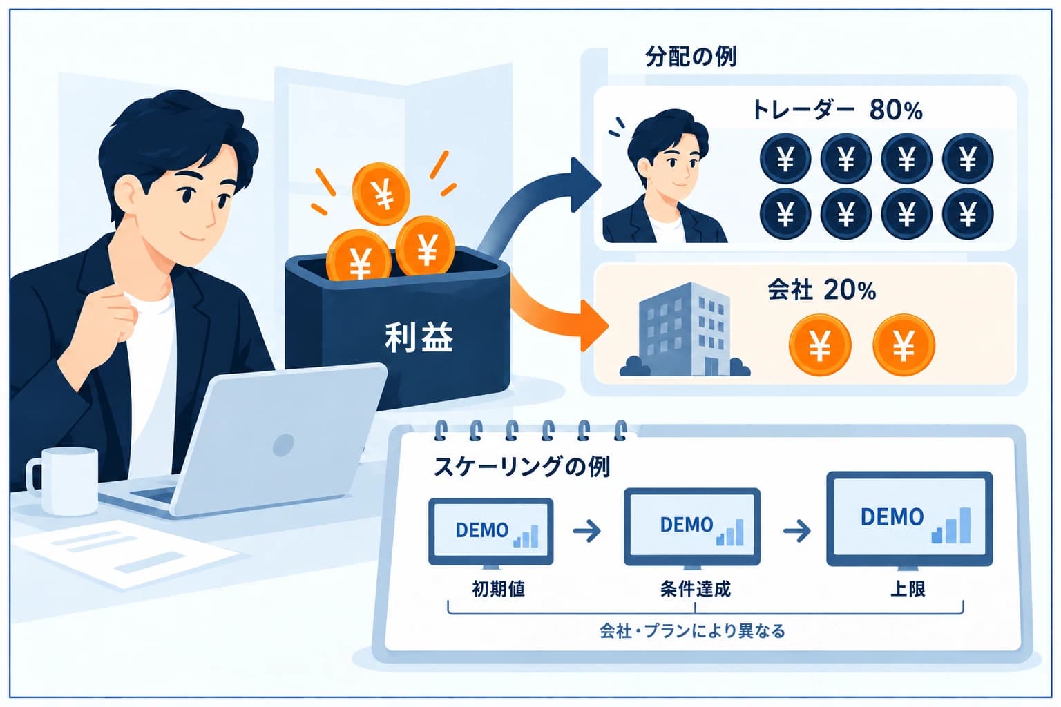 プロップファームの利益分配（プロフィットスプリット）の図解：出した利益をトレーダーの取り分（大）と会社の取り分（小）に分け、代表例は80%/20%。相場は50〜100%で、スケーリングで最大100%まで上がる。分配率と出金条件をセットで見る