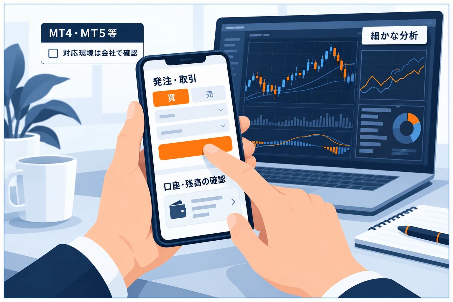 プロップファームをスマホでどこまでできるかを示す3カードの図解：発注・取引はMT4/MT5アプリで可、口座・残高の確認はWeb版でも可、細かい分析はPCが快適、という対応度の違い