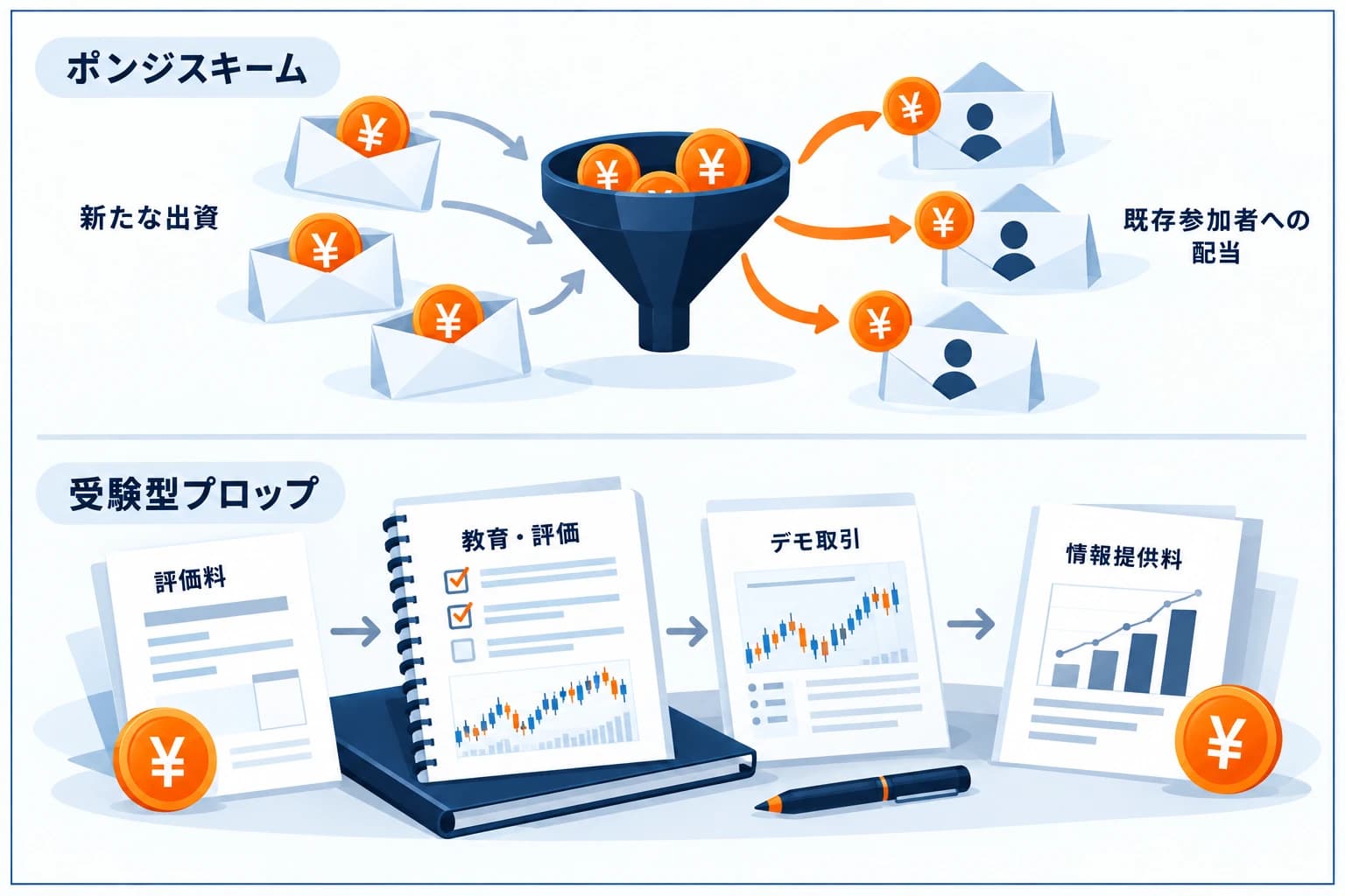 ポンジスキームと受験型プロップファームの違いの図解：ポンジは出資金を募って配当に回す詐欺、プロップは教育・評価サービス＋デモ成績に応じた情報提供料で、出資金を集めず大きな資金を拘束しない、という対比
