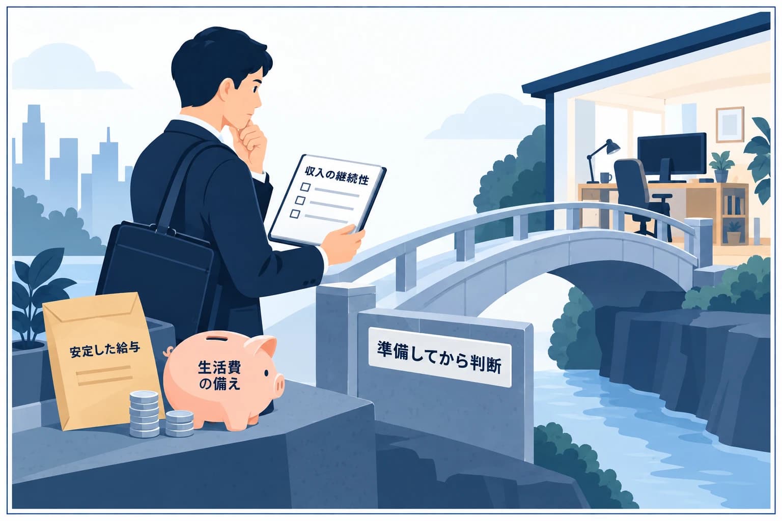 プロップ収入で会社を辞めるかの判断の図解：安定した給与と収入の安定性を天秤にかけ、慎重に独立を検討する