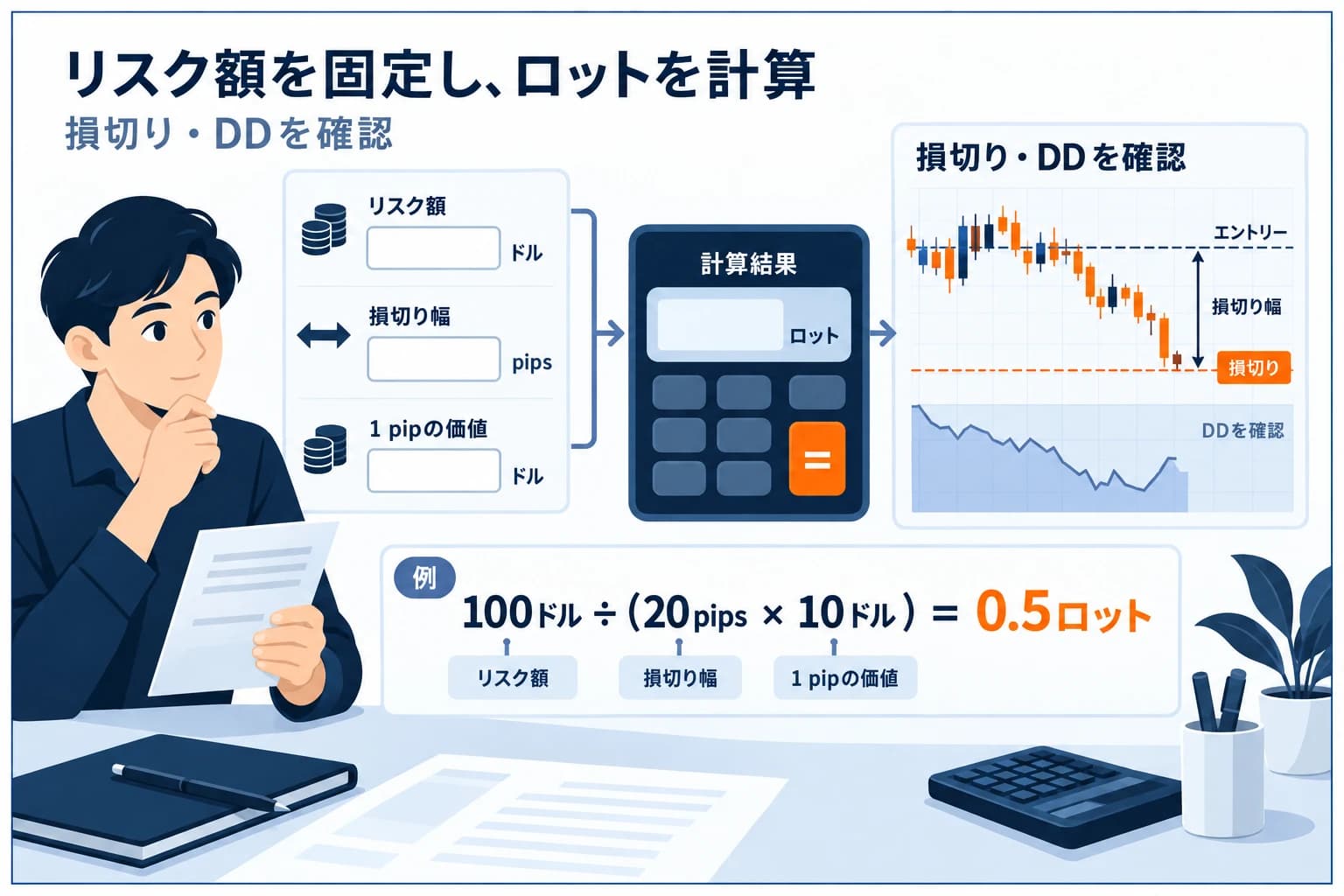 プロップファームの資金管理・リスク管理の4原則の図解：1トレードのリスクは0.5〜1%・損切りを必ず置く・ドローダウンから逆算・ロットを一定に保つ。守りを固める人が生き残る