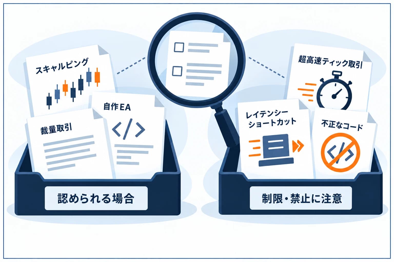 プロップでのスキャルピング・EA（自動売買）の可否の図解：自作EA・通常のスキャル・裁量は使えることが多い一方、秒スキャル・レイテンシー悪用・市販EAの無断利用は禁止されやすい。会社ごとに線引きが違うため申込前に規約確認を