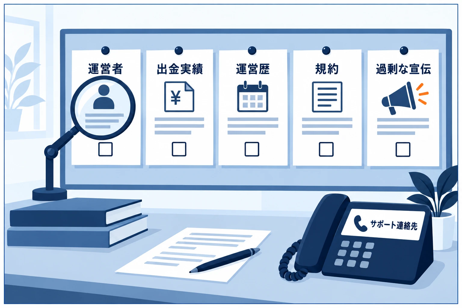悪質なプロップ業者を見分けるチェックポイントの図解：運営会社が不透明・出金トラブルの口コミ・運営歴が極端に短い・ルールが曖昧や後出し・過剰な高還元アピール。運営歴や出金実績、運営会社の実在を確認する