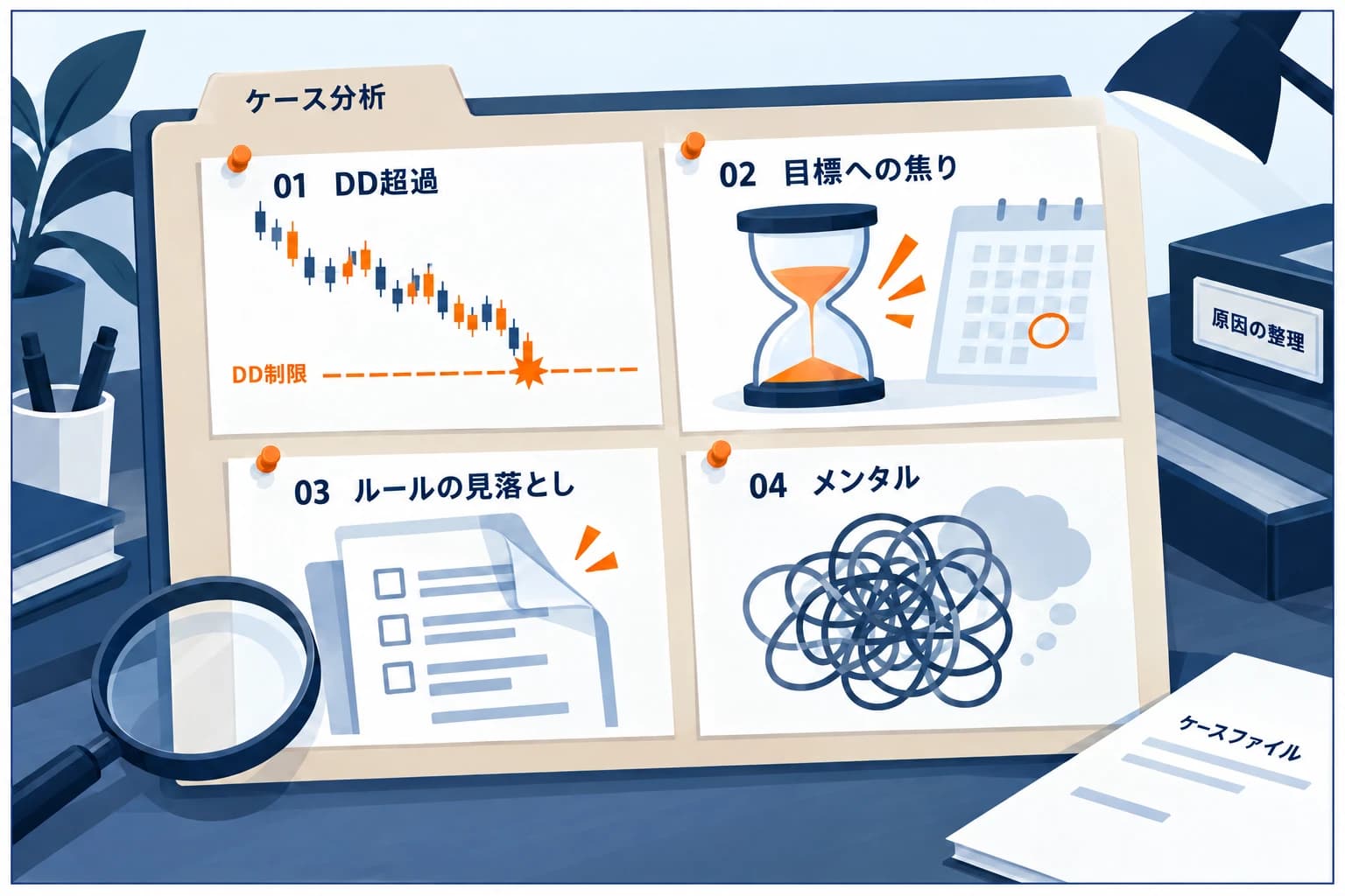 プロップファームの評価で失格になる主な原因の図解：ドローダウン超過・利益目標を焦る・ルールの見落とし・メンタルの乱れ。守りを固めれば合格率は上がる