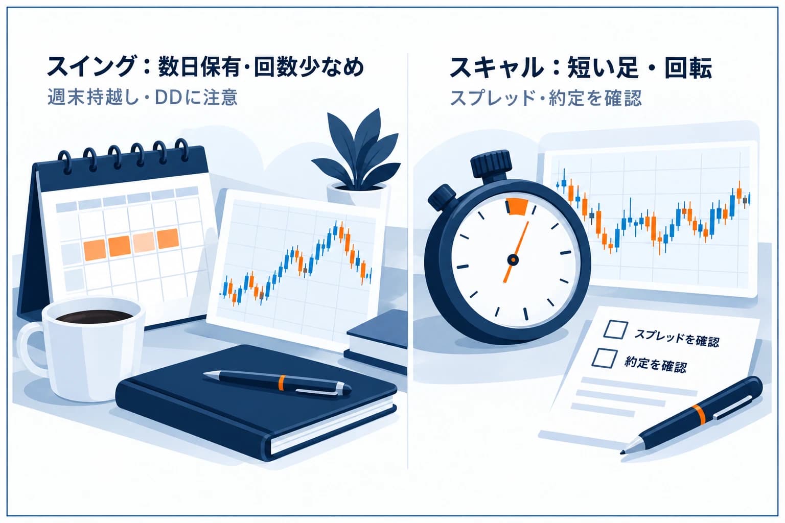 プロップファームでのスイング vs スキャルピングの図解：スイングは長め足・数日保有で取引回数少なめ・週末持越しに注意、スキャルは短い足・素早い回転で回数多くスプレッド/約定が重要。会社のルールに合う手法を選ぶ