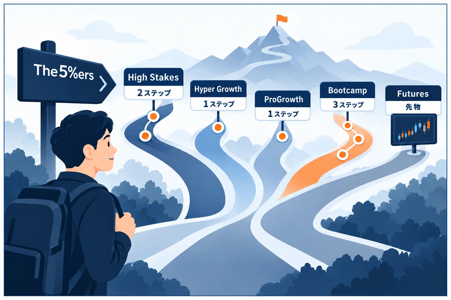 The5%ers（ファイバーズ）の5つのプログラム比較：High Stakes(2ステップ)・Hyper Growth(1ステップ)・ProGrowth(1ステップ)・Bootcamp(3ステップ)・Futures(先物)の評価方式と特徴を並べた図