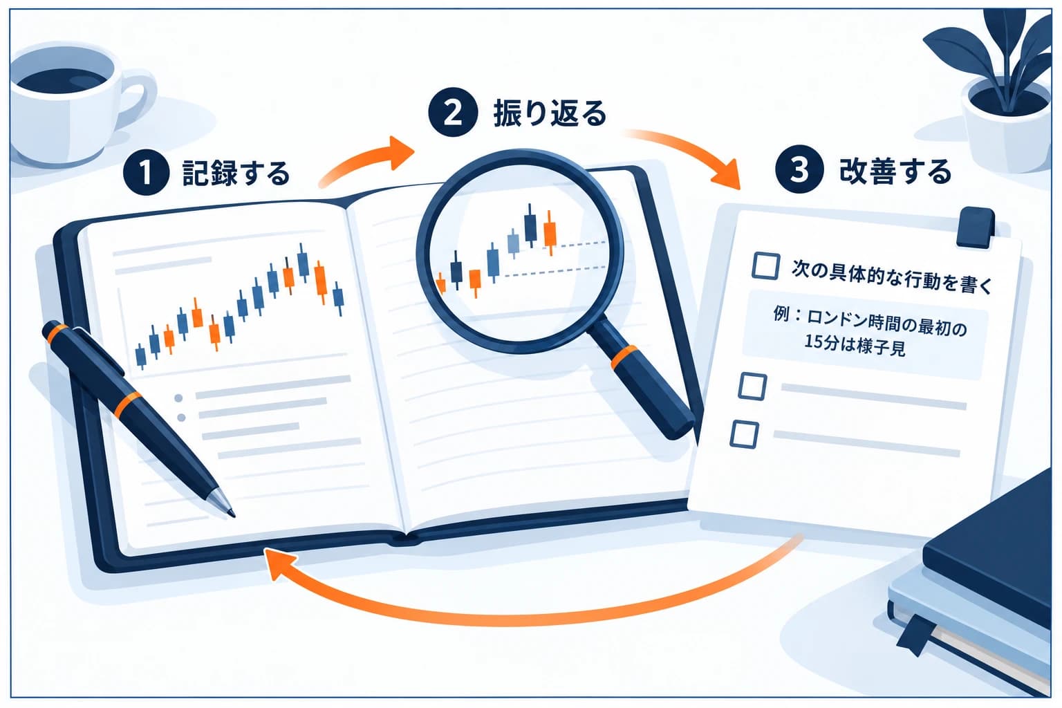 トレード記録（売買日誌）の図解：記録する→振り返る→改善する、の循環で取引を上達させる