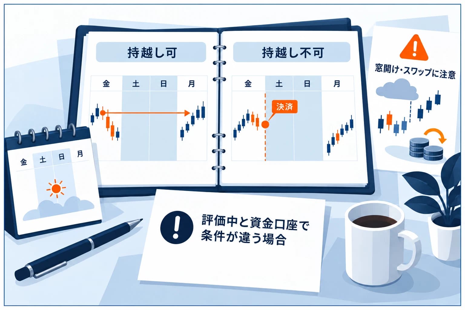 プロップファームの週末持ち越し（ホールド）の可否の図解：持ち越し可の会社は金曜から月曜にポジション保有OK、不可の会社は金曜クローズ必須。週末は窓開け（ギャップ）や高スワップに注意。会社・商品ごとに違うため規約で確認