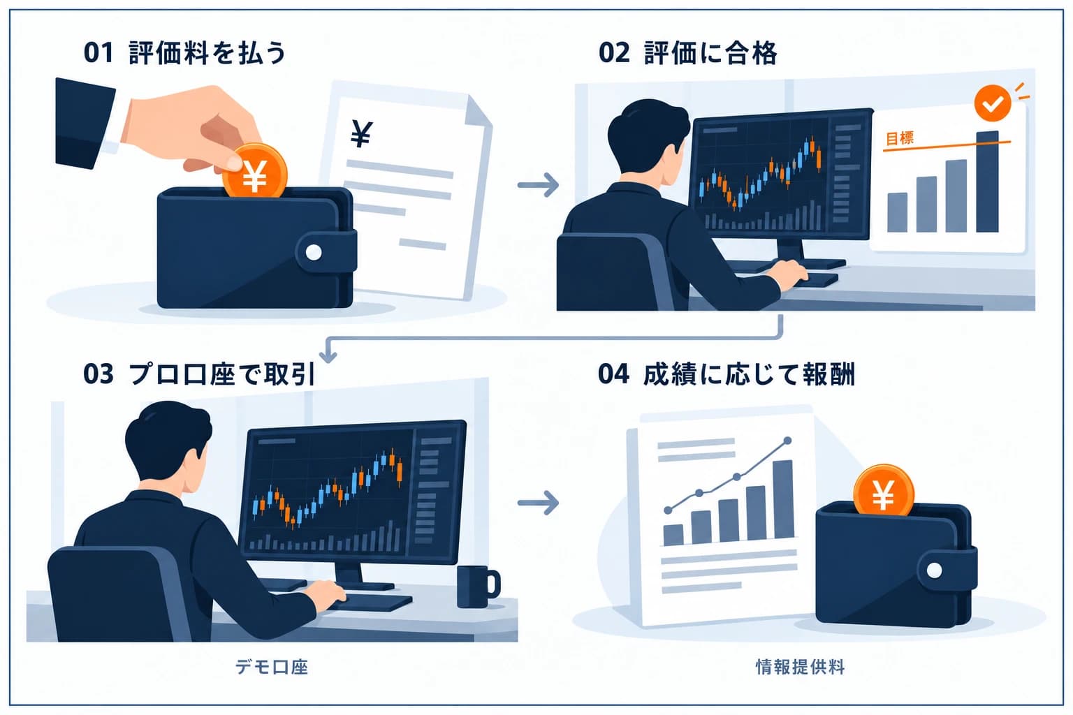 プロップファームの仕組み・お金の流れの4ステップ：評価料を払う→評価チャレンジに合格→プロ口座（デモ資金）で取引→成績に応じた報酬（情報提供料）を受け取る図解