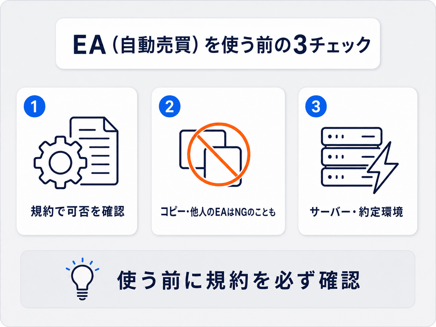プロップファームでEA（自動売買）を使う前に確認したい3点（規約で可否／コピー・他人のEAはNGのことも／サーバー・約定環境）の図