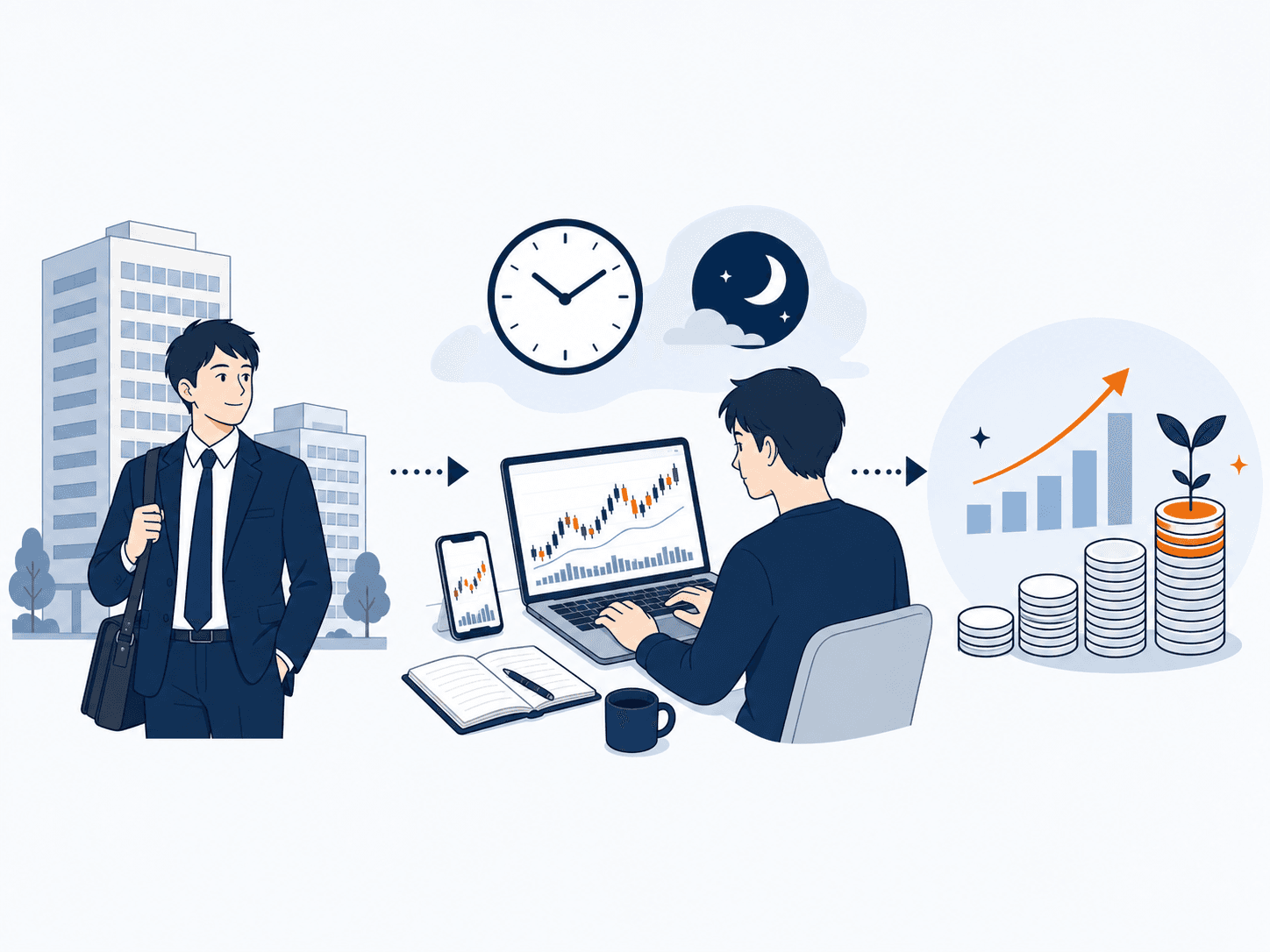 会社員がプロップで副収入を得る図解：本業と両立し、スキマ時間や夜にトレードする