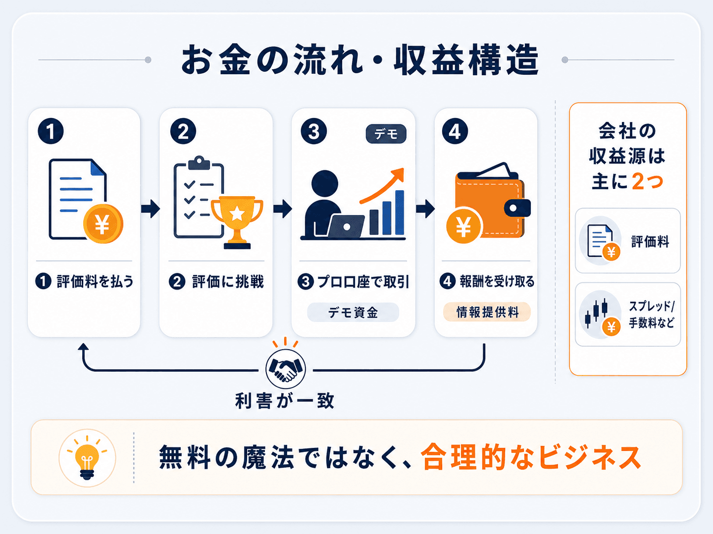 プロップファームのお金の流れ・収益構造の図解：①評価料を払う→②評価に挑戦→③プロ口座（デモ資金）で取引→④情報提供料として報酬を受け取る。会社の収益源は評価料とスプレッド/手数料の主に2つで、会社とトレーダーの利害が一致する仕組み