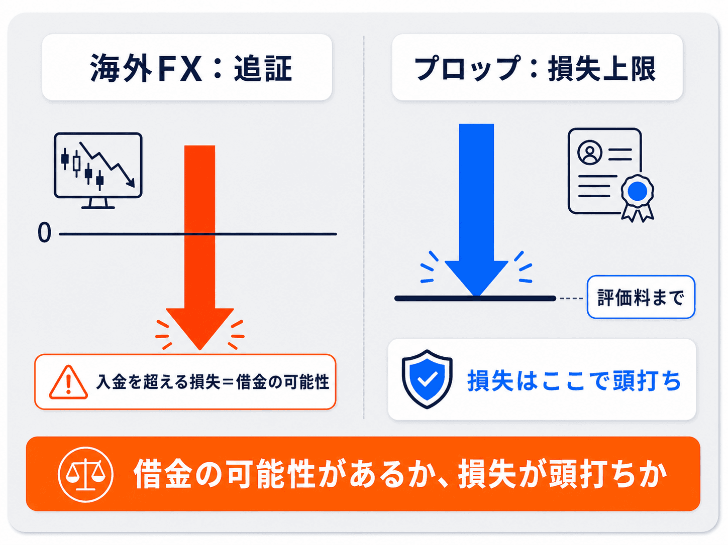 海外FXの追証（入金超の損失で借金の可能性）とプロップファームの損失上限（評価料までで頭打ち）の違いを対比した図