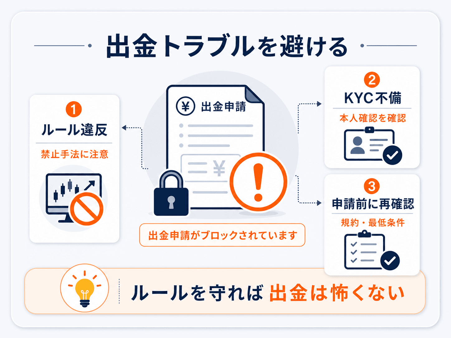 プロップファームで出金トラブルを避ける図解：ルール違反（禁止手法）は出金拒否の主因、KYC（本人確認）の不備に注意、規約・最低条件を申請前に再確認。ルールを守れば出金は怖くない
