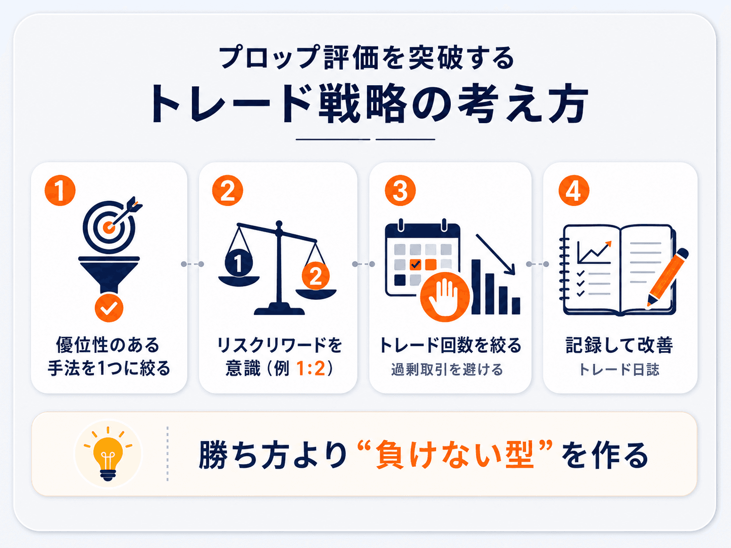プロップ評価を突破するトレード戦略の考え方の図解：①優位性のある手法を1つに絞る②リスクリワードを意識（例1:2）③トレード回数を絞り過剰取引を避ける④記録して改善（トレード日誌）。勝ち方より負けない型を作る