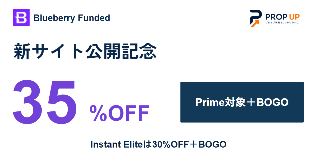 Blueberry Funded 新サイト記念｜Prime35%OFF・Instant Elite30%OFF＋BOGO