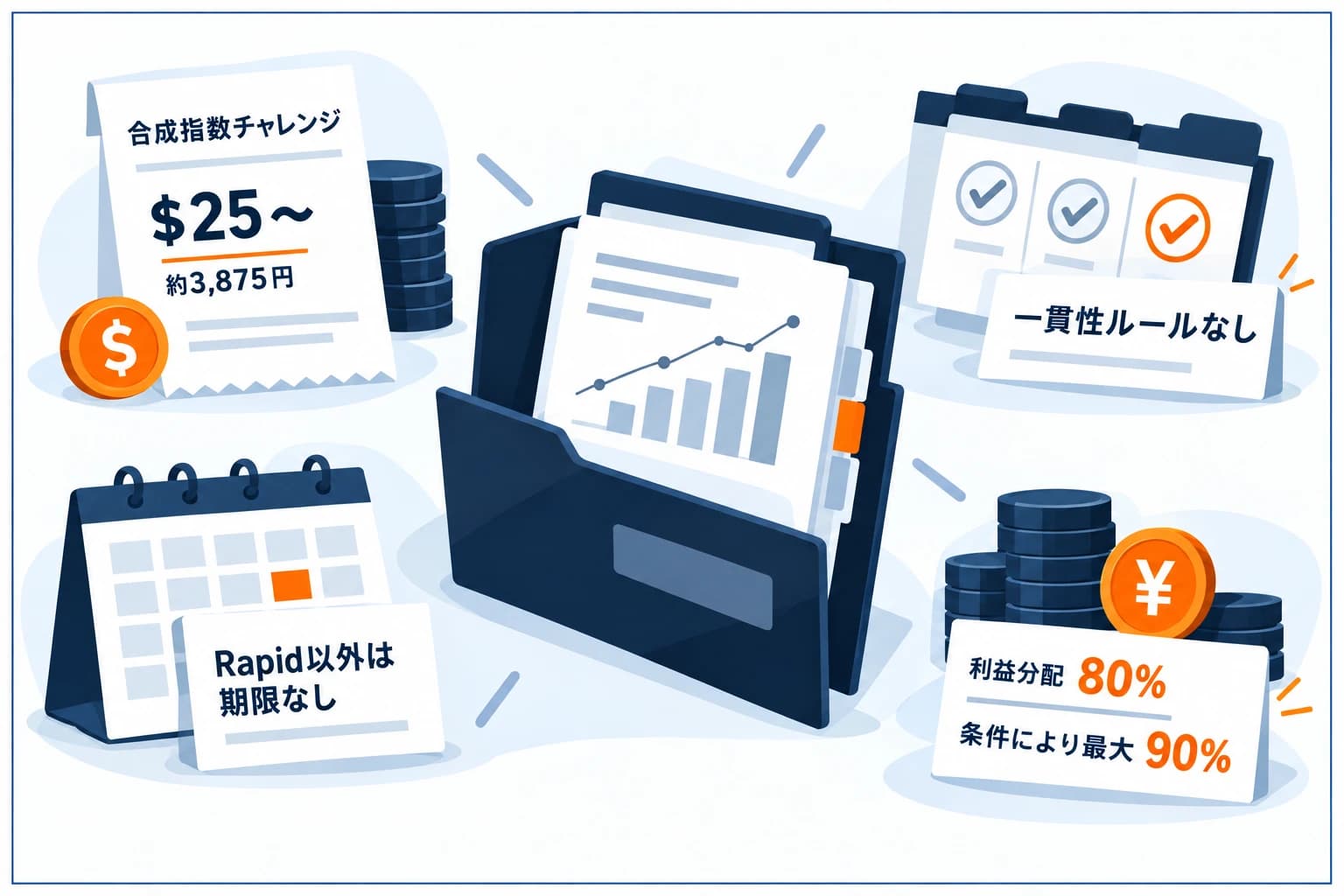 BlueberryFundedの始めやすさの図解。参加費$25〜・取引期限なし・一貫性ルールなしの3点と、利益分配は最大90%