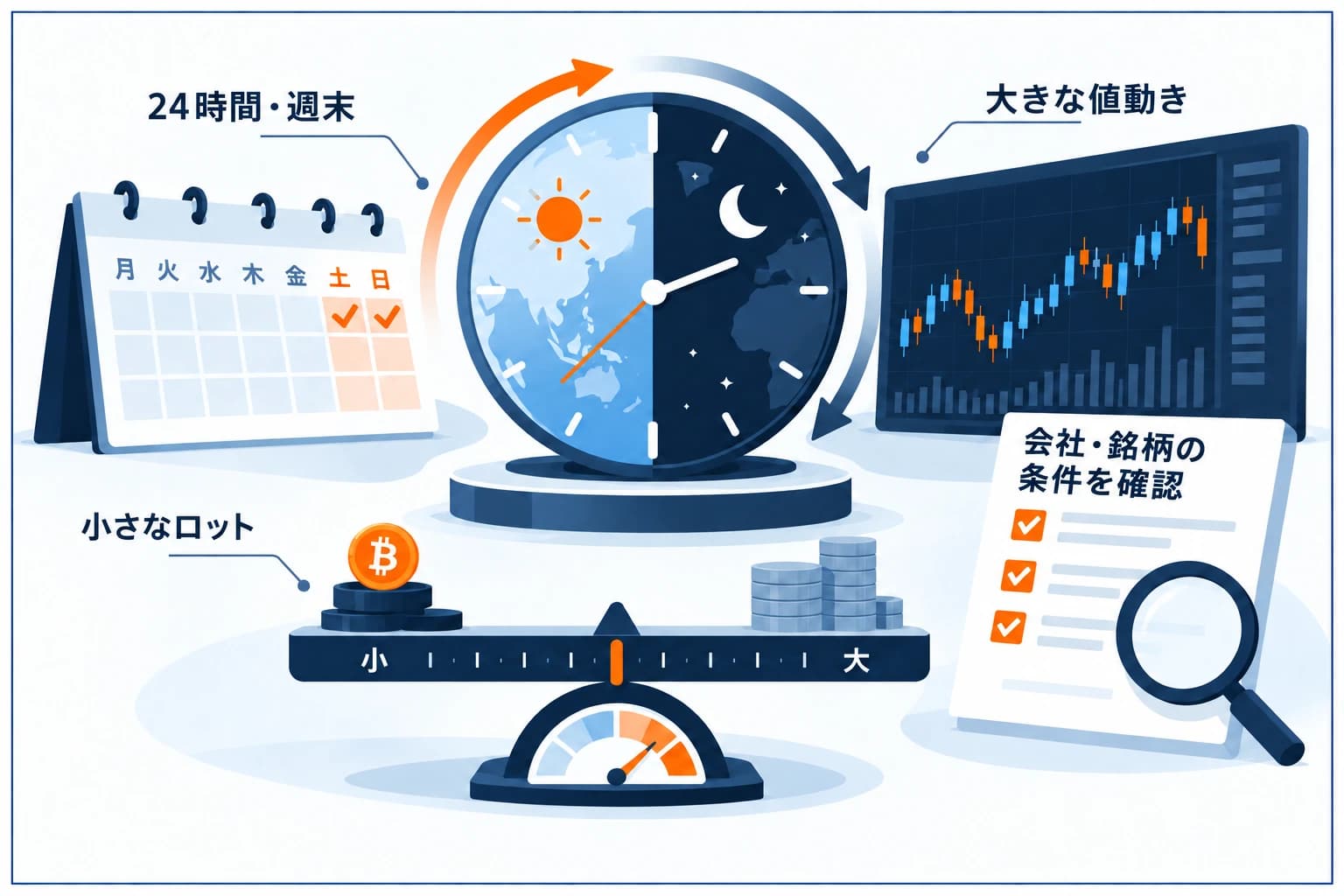 プロップファームでの暗号資産(仮想通貨)取引の図解:24時間・週末も取引でき、ボラティリティが非常に高い。取扱の有無・銘柄は会社による。クリプトは小さめロットで