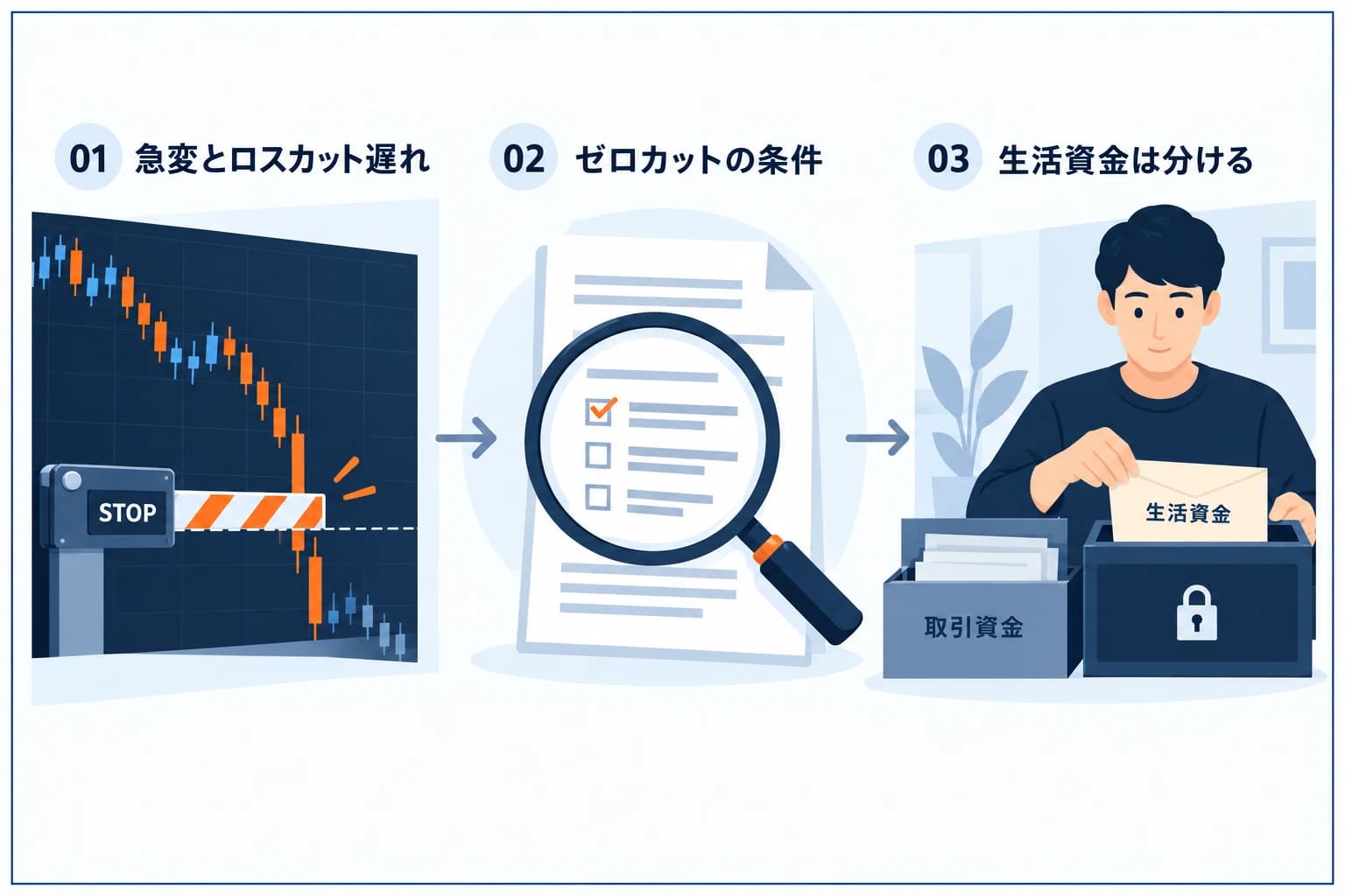海外FXで借金リスクが生まれる3つの要因の図解:①ハイレバと急変時のロスカット遅れ ②ゼロカットは保証ではない ③生活資金まで溶かす心理の罠。プロップファームは損失が原則評価料までに収まる、という対比も示した解説インフォグラフィック