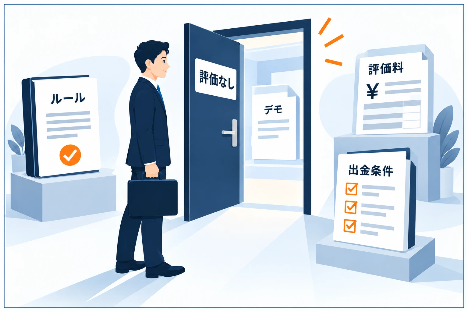 評価チャレンジなしの即時型プロップの図解。点線の評価フェーズを早送りでスキップし、鍵の開いた資金口座へ直接つながる。横に注意の盾。審査なしでも出金条件などのルールには注意が必要