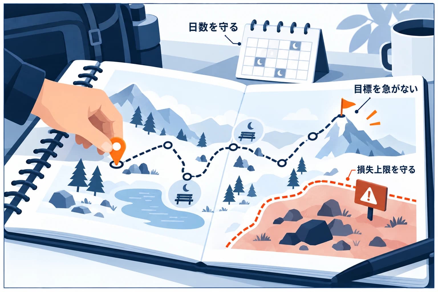 評価1段階目(第1フェーズ)突破のコツの図解:取引日数やドローダウンを守りながら利益目標まで着実に積み上げる