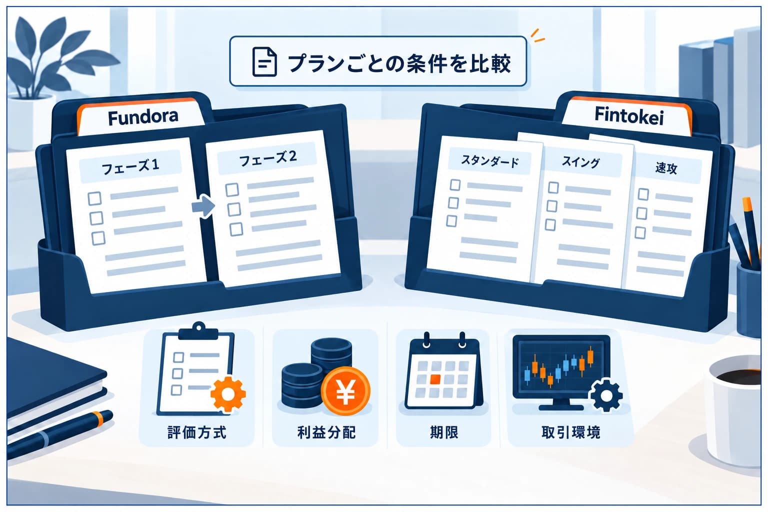 FundoraとFintokeiの比較:ステップ数・利益分配・時間制限・取引環境を2列で並べた図解