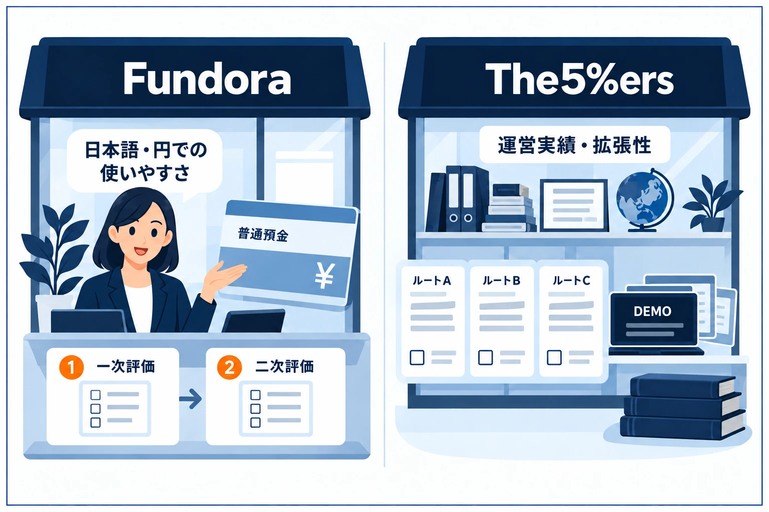 FundoraとThe5%ersの向き不向きの図解:手軽さ・日本語で完結ならFundora(国産・国内銀行で円出金・時間制限なし)、実績とスケーリング最大100%・大型枠ならThe5%ers(運営10年・33万人超に資金提供)という対比