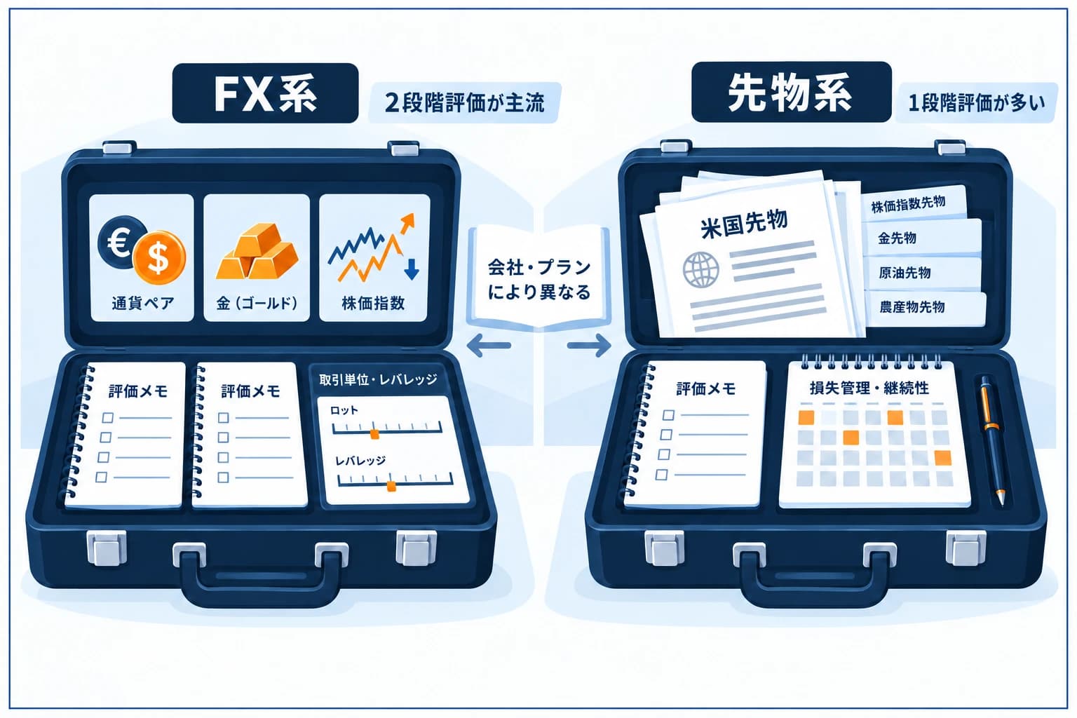 FX系プロップファームと先物系プロップファームの違いの図解:FX系はFX・ゴールド・指数などで2ステップ評価が主流・ロット/レバレッジ管理、先物系は米国先物で1ステップ評価が多く日次損失や一貫性ルールがある、という対比