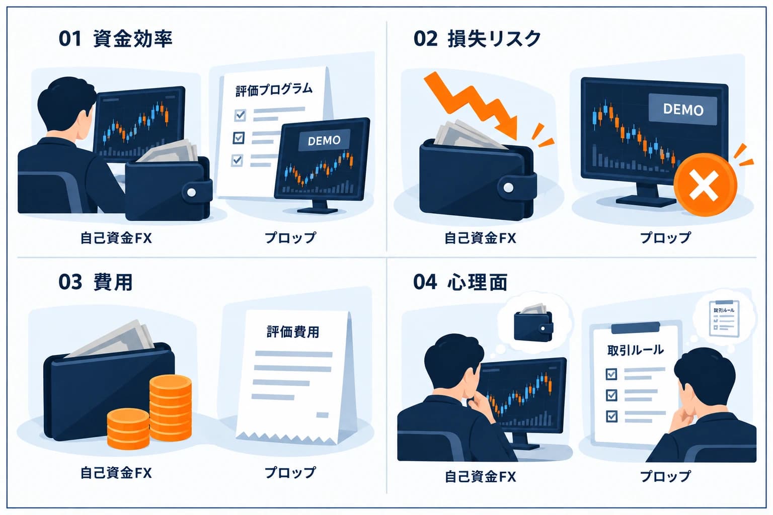 FXとプロップファームの比較ポイント(初期費用・損失リスク・資金規模・取り分)。プロップファームの取引はデモ口座で行い、報酬は成績に応じた情報提供料の対価という違いを整理した図解