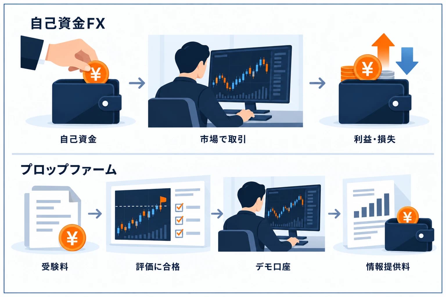 FXとプロップファームの仕組みの違い:FXは自己資金を市場に直接投じてリスクも自己資金、プロップファームは受験料→評価合格→デモ口座で取引→成績に応じた情報提供料を受け取り自己資金は市場に出ない、という対比図