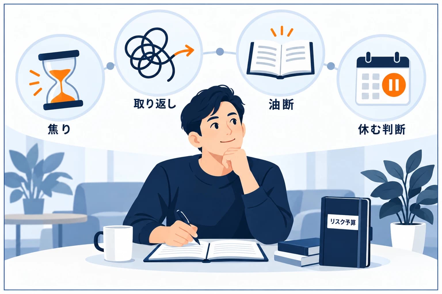 プロップファーム評価でのメンタル管理の図解:目標目前で焦る・損失を取り返そうとする・ルールを破りたくなる・連勝で気が大きくなる、といった心理の罠と、ロットを一定に・1日の損失で休むなどの対策。淡々と続ける人が受かる