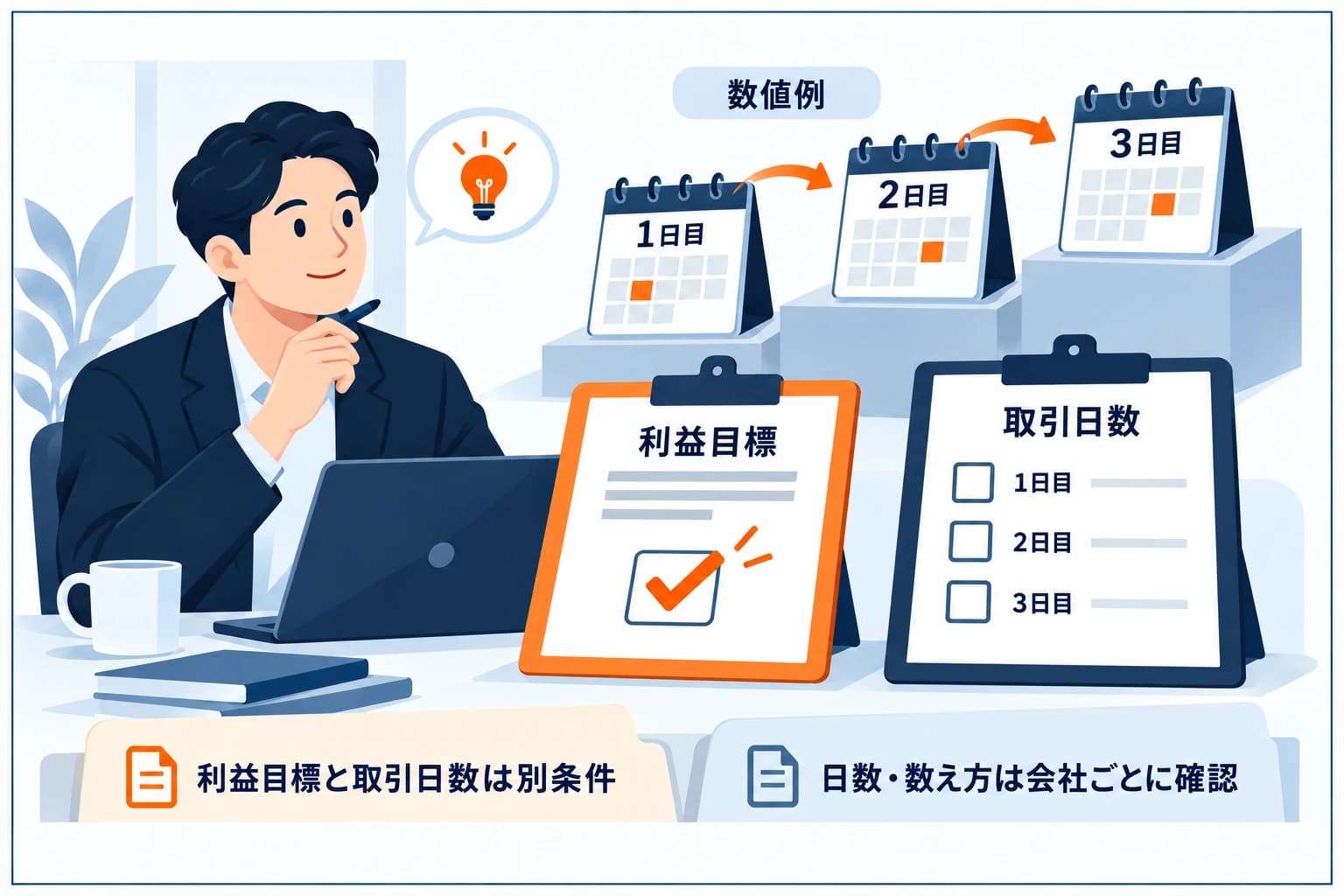 プロップファームの最低取引日数の図解:カレンダー上で最低3日など決められた日数の取引が必要。初日に利益目標を達成しても合格にはならない。まぐれの一発勝負を防ぐルール