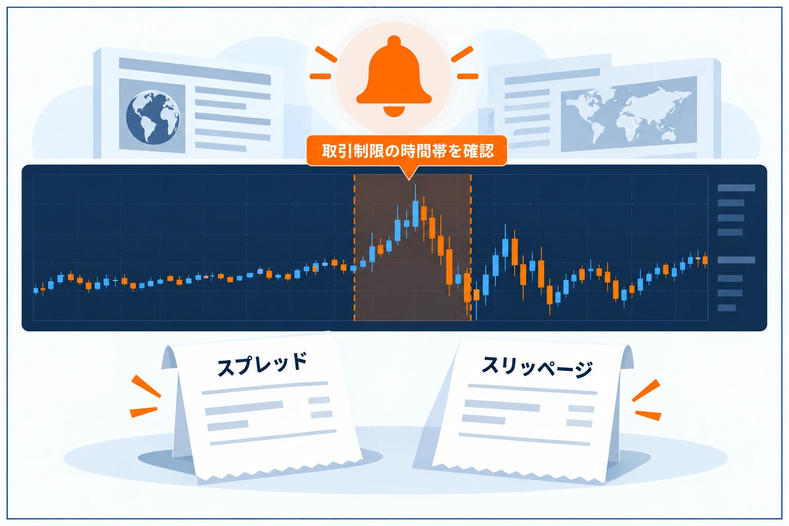 プロップのニュース・経済指標トレード制限の図解:指標発表の前後で価格が乱高下し、発表前後◯分は発注不可の会社が多く、スリッページやスプレッド拡大に注意。会社ごとにルールが違うため申込前に確認