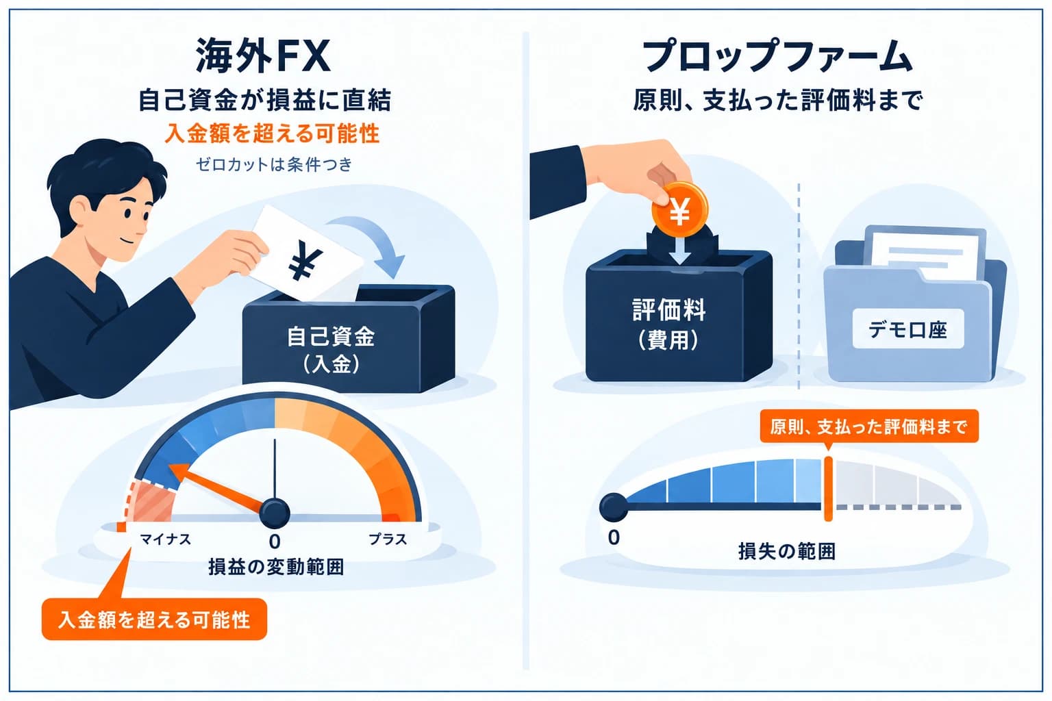 海外FXとプロップファームの損失構造の違いの図解:海外FXは自分の証拠金を市場にさらすため最大損失が証拠金全額に及び青天井になりやすい一方、プロップファームは最初に払う評価料が確定した最大の損失でそれ以上は自己資金が減らない対比