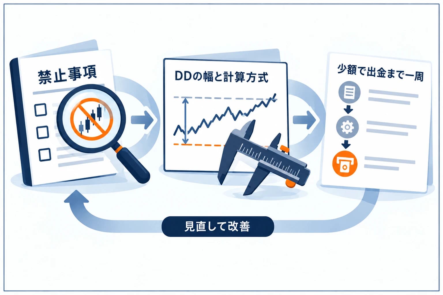 海外FXからプロップファームへ乗り換える前に確認したい3ステップの図解。STEP1 自分の手法が禁止事項に触れないか確認、STEP2 ドローダウンの幅と計算方式を把握、STEP3 まず少額で出金まで一周できるか試す。最後に公式の最新規約で確認する、というチェックの流れ