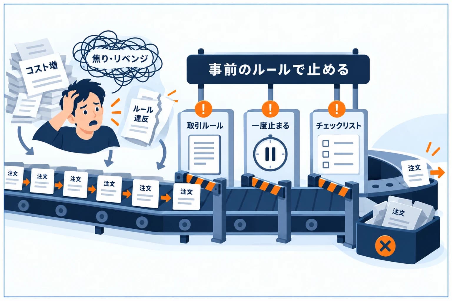 プロップでのオーバートレード(過剰取引)の罠の図解:取引回数が増えるほど手数料・スプレッド負担が増え、焦り・リベンジで判断が雑になり、ルール違反のリスクも上がる。待つのも立派な戦略