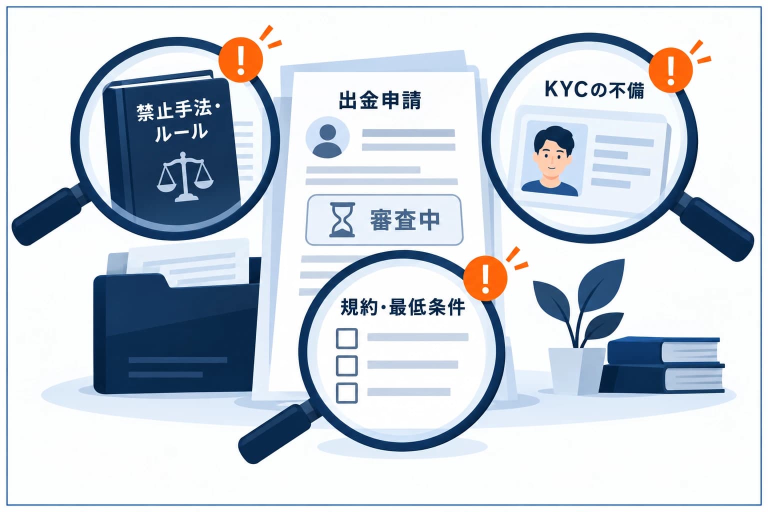 プロップファームで出金トラブルを避ける図解:ルール違反(禁止手法)は出金拒否の主因、KYC(本人確認)の不備に注意、規約・最低条件を申請前に再確認。ルールを守れば出金は怖くない
